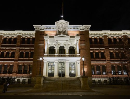 The façade of the Centro Superior de Estudios de la Defensa Nacional (CESEDEN) is illuminated for the first time